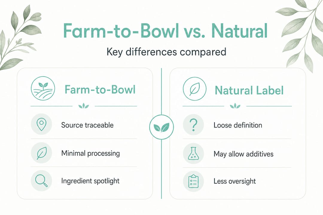 Infographic comparing farm-to-bowl and natural labels