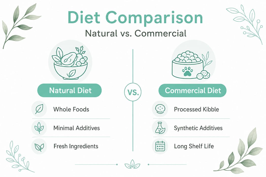 Infographic comparing natural and commercial pet diets