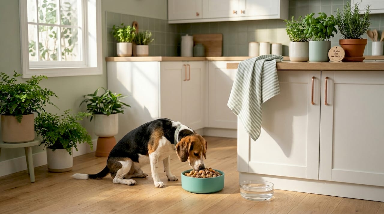 Dog eating moist food in relaxed home