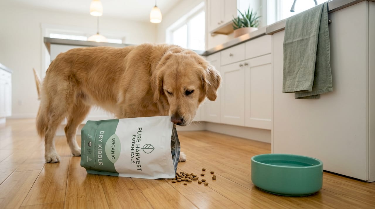 Dog turning away from commercial kibble
