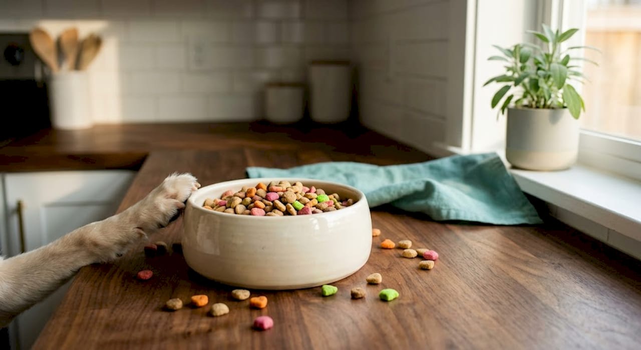 Brightly colored artificial dog kibble closeup