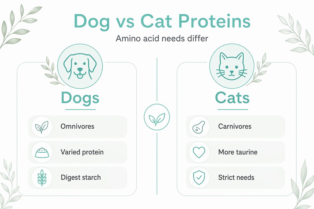 Infographic comparing plant protein needs of dogs and cats
