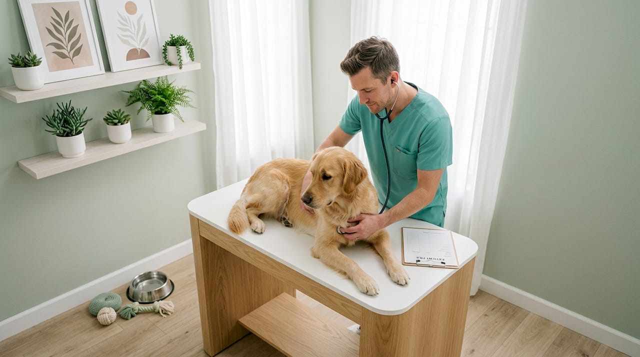 Veterinarian examines dog for herbal toxicity