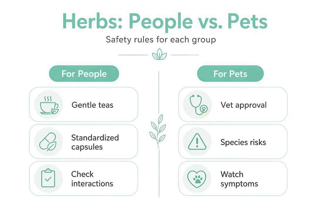 Infographic comparing safe herbal use for people versus pets