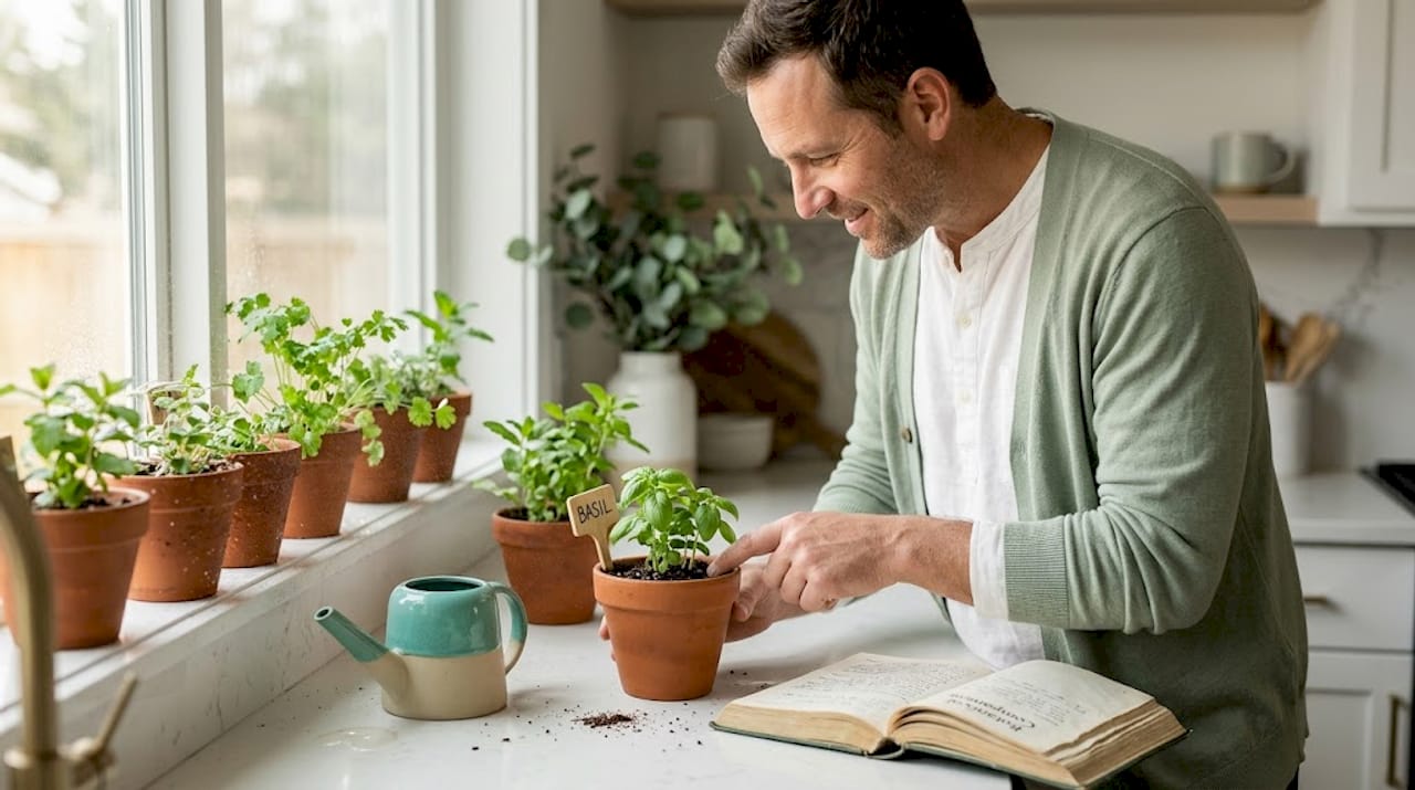Indoor herb gardening with pots on windowsill
