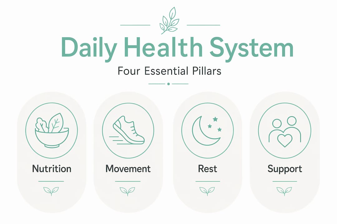 Infographic showing daily health system pillars