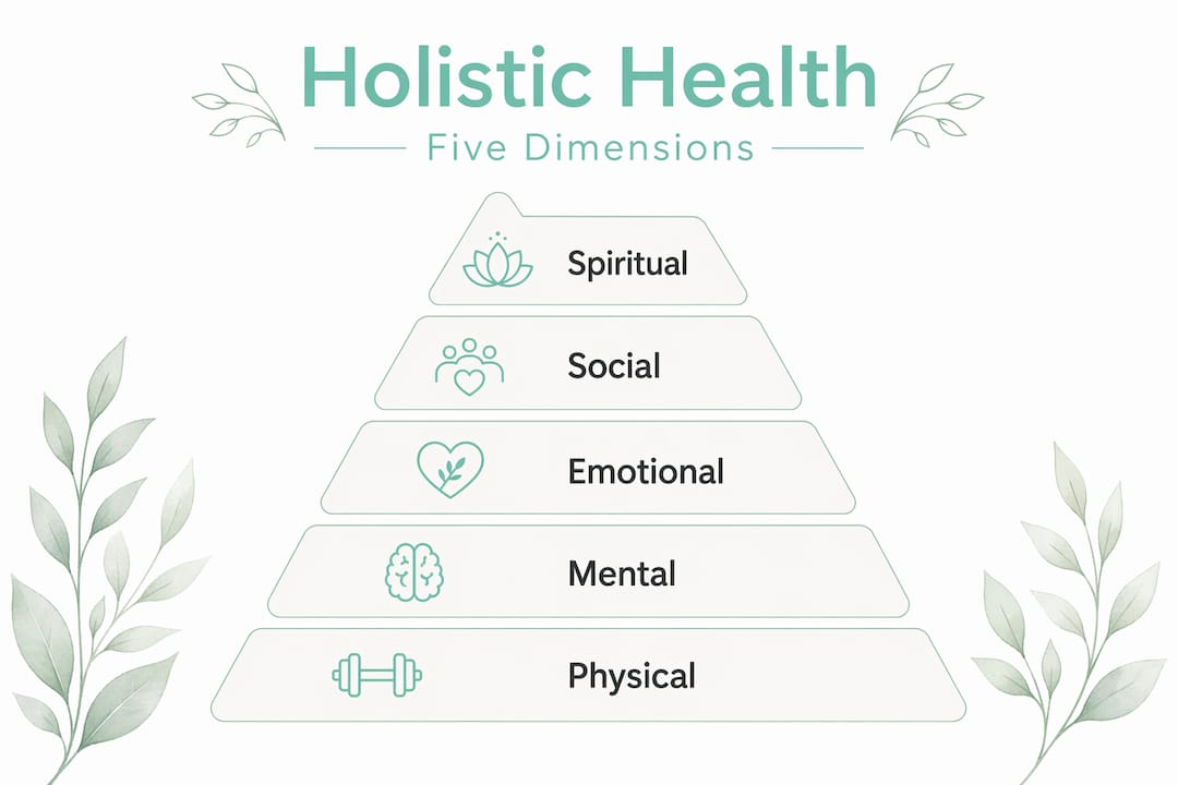 Hierarchy infographic listing holistic health dimensions