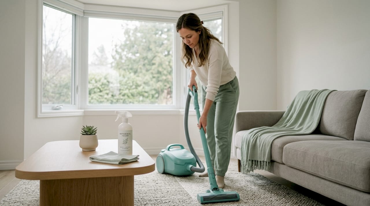Woman vacuuming living room carpet