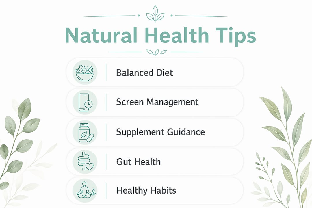 Infographic depicting five key natural health tips for kids