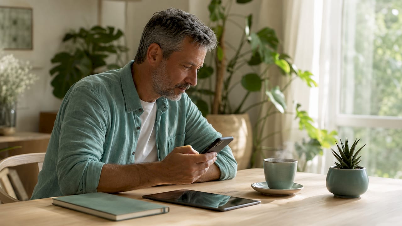 Scientist researching chemical safety on smartphone at home office