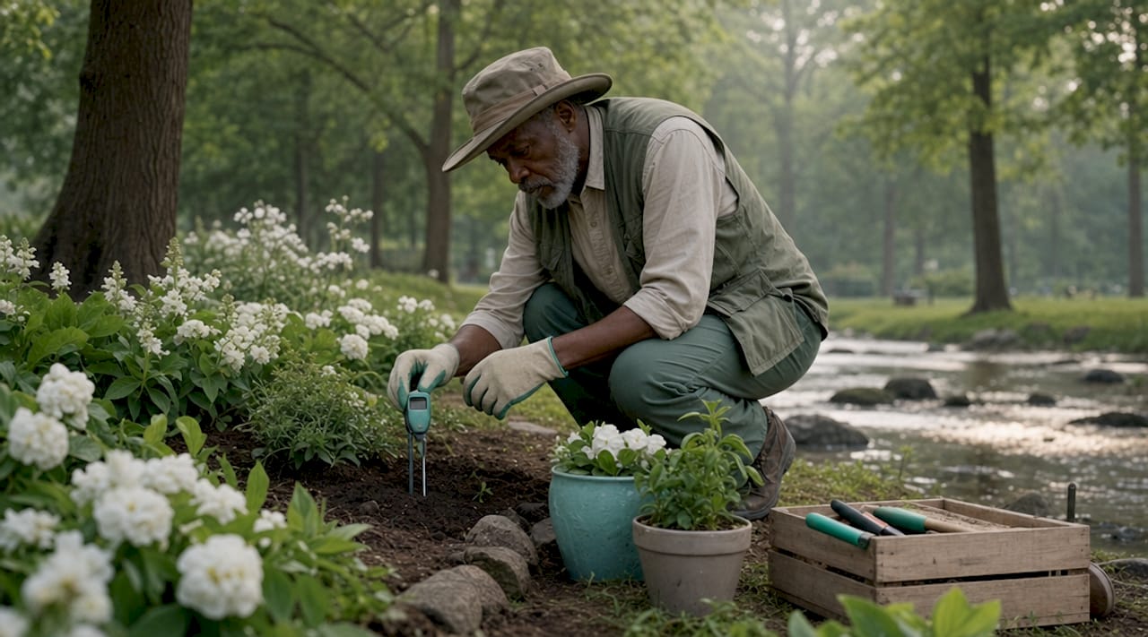 Man testing soil for heavy metals outdoors