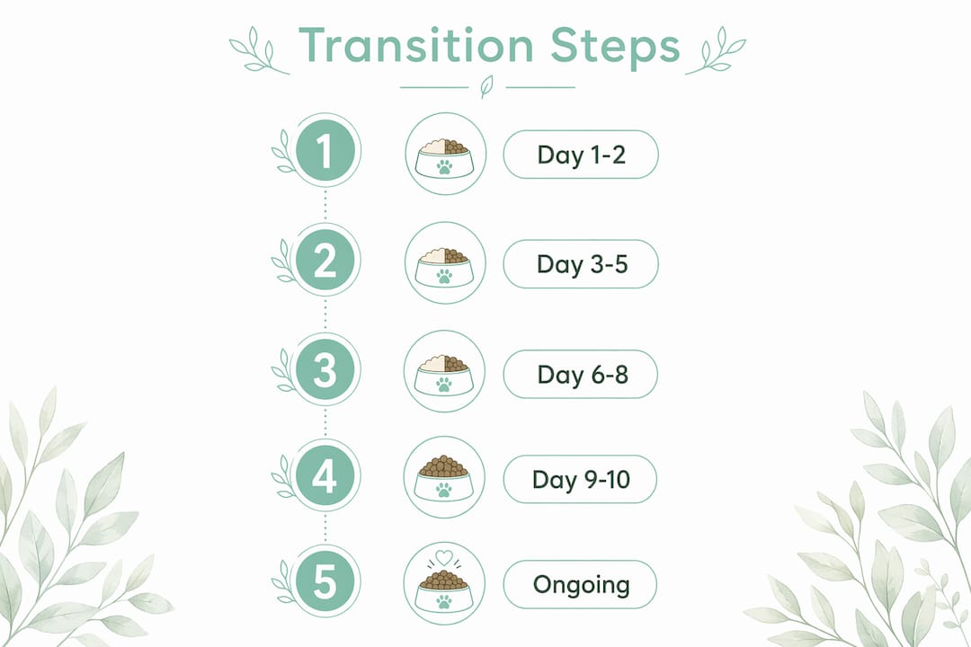 Infographic showing gradual dog food transition steps