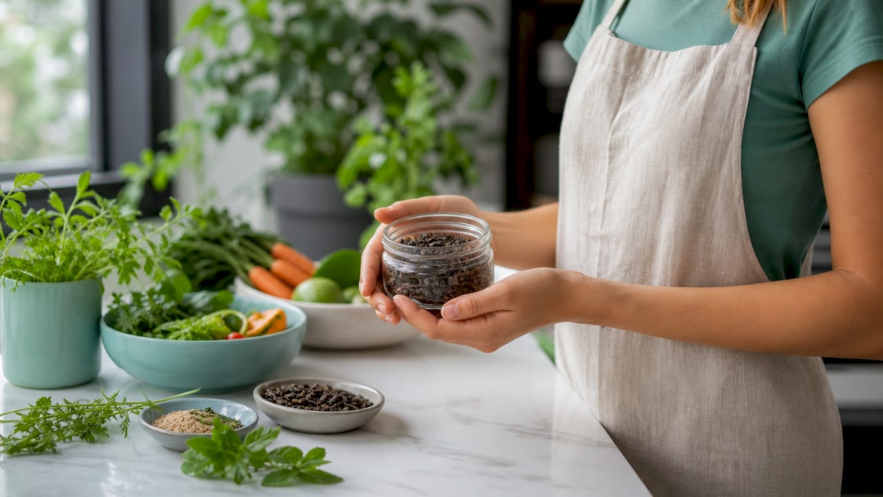 Hands holding jar of insect protein and plant ingredients