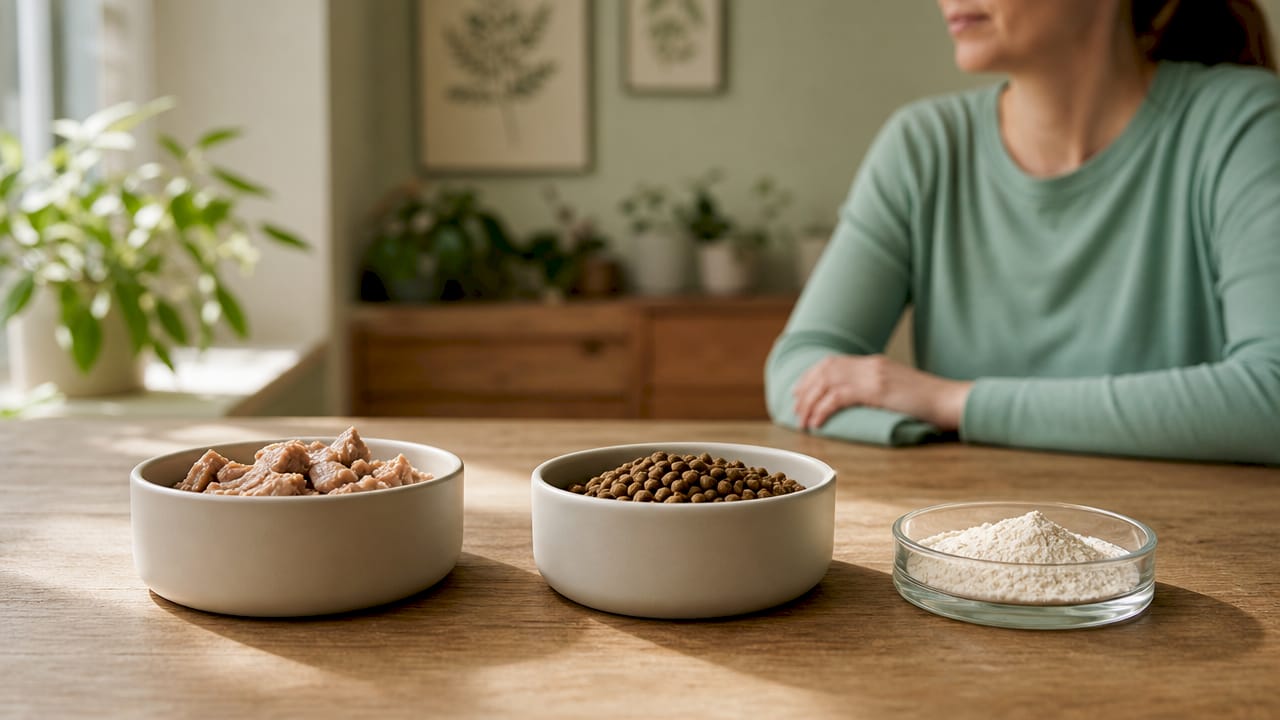 Various hypoallergenic pet food diet types in bowls
