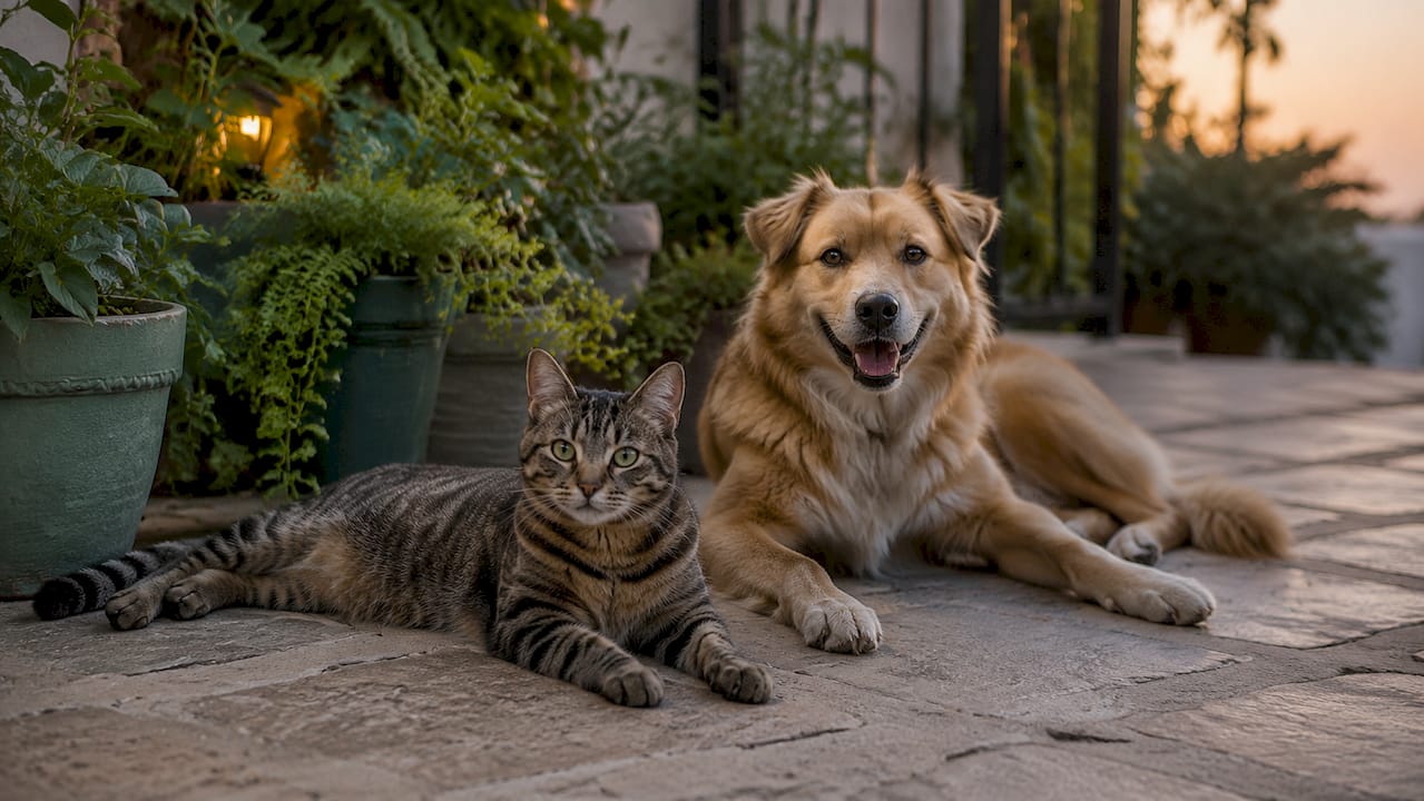 Healthy pets with shiny coats outdoors
