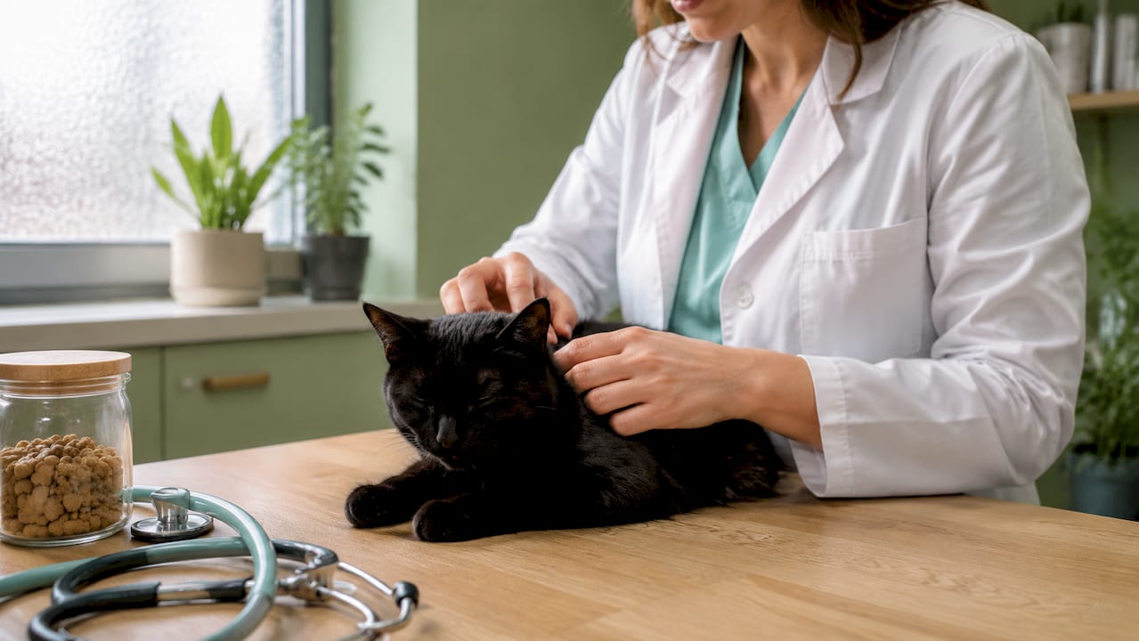 Veterinarian inspecting cat’s coat quality