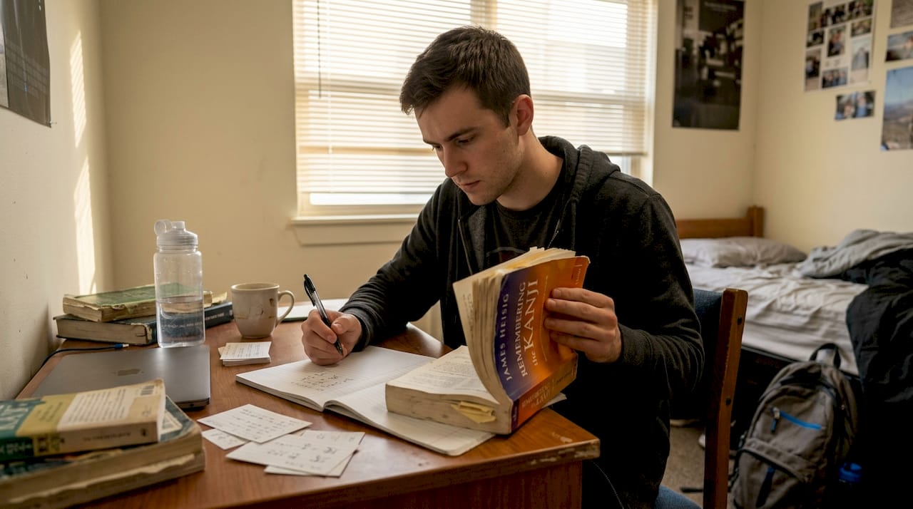 Student learning kanji at bedroom desk