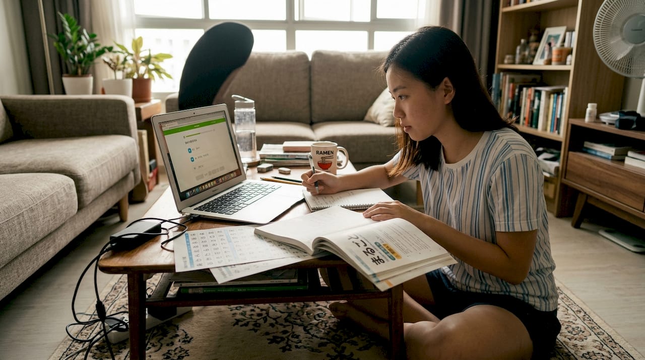 Singaporean woman studying Japanese at home