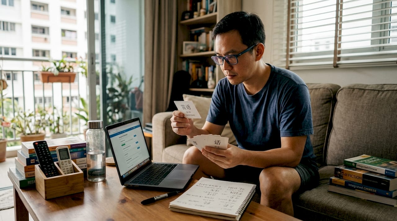 Adult studying Mandarin flashcards at home