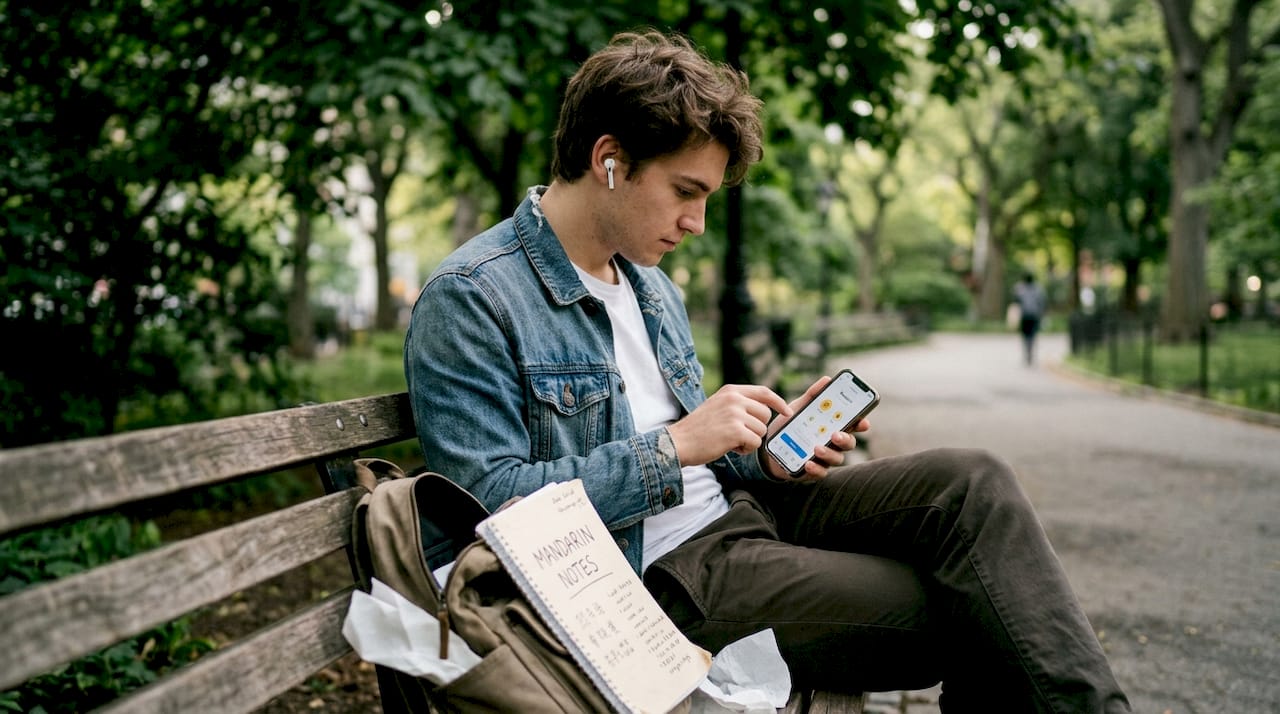 Man using Mandarin app on park bench