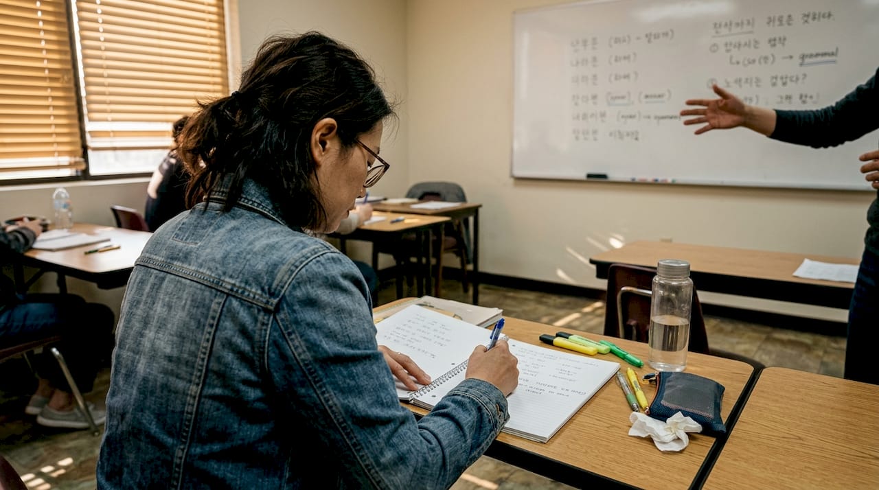 Student takes notes during Korean class exercise
