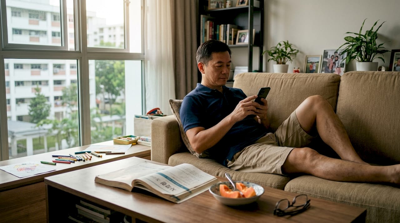 Man learning Korean with phone app at home