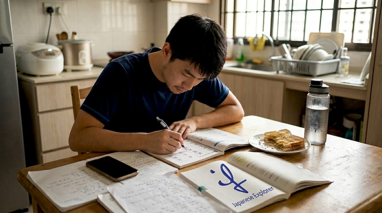 Student tackling Japanese books at kitchen table