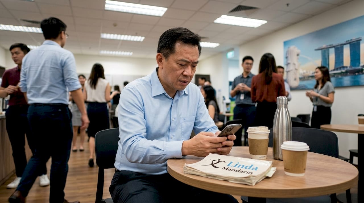 Manager practicing Mandarin etiquette at work café