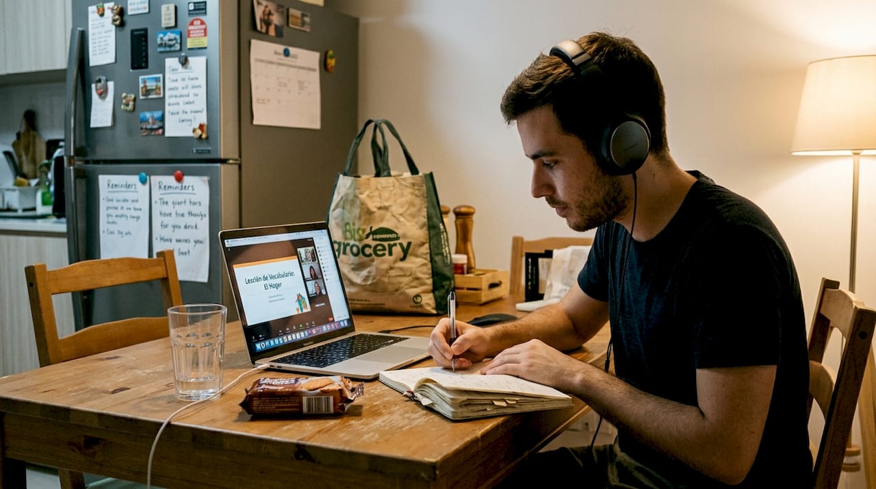 Man studying Spanish during online lesson at home
