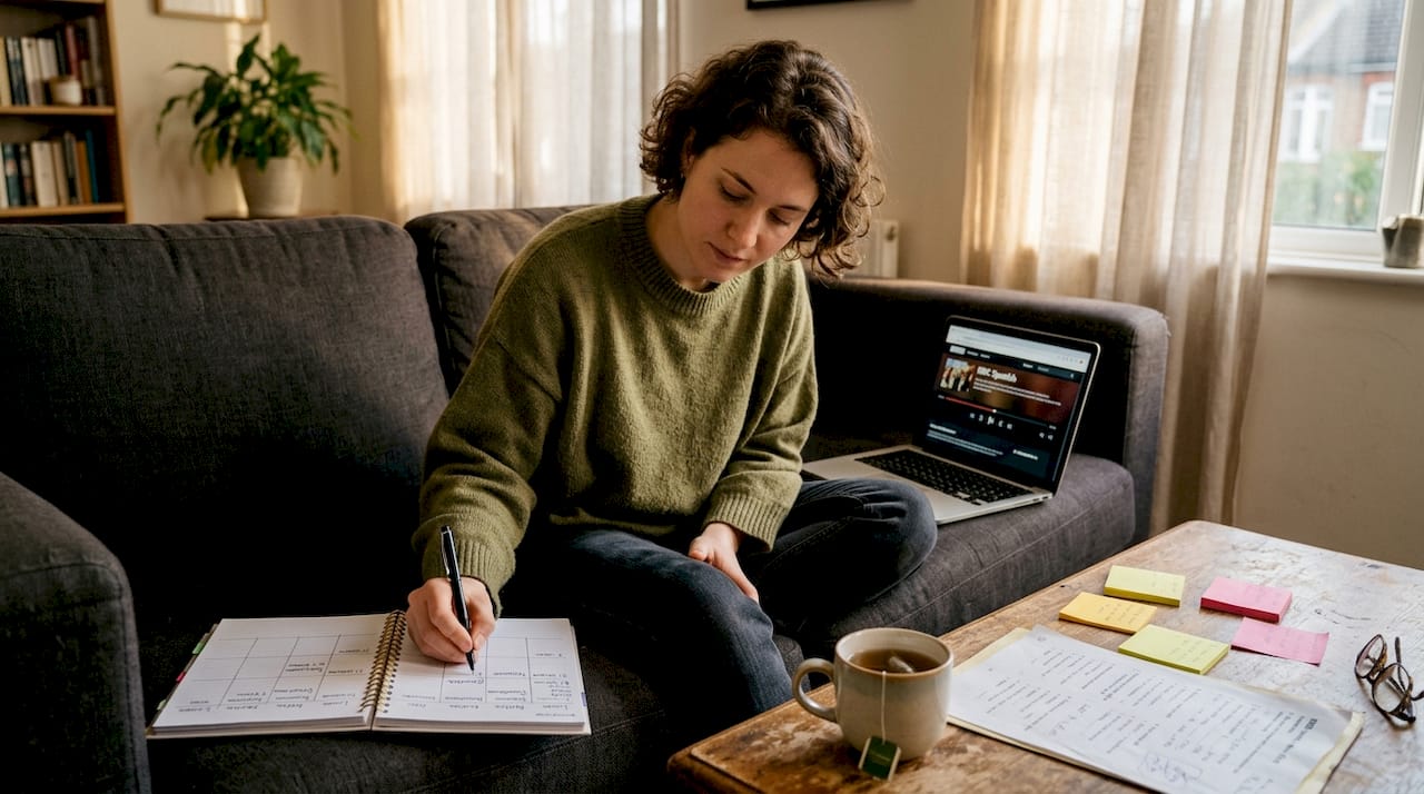 Woman planning language study weeks on sofa