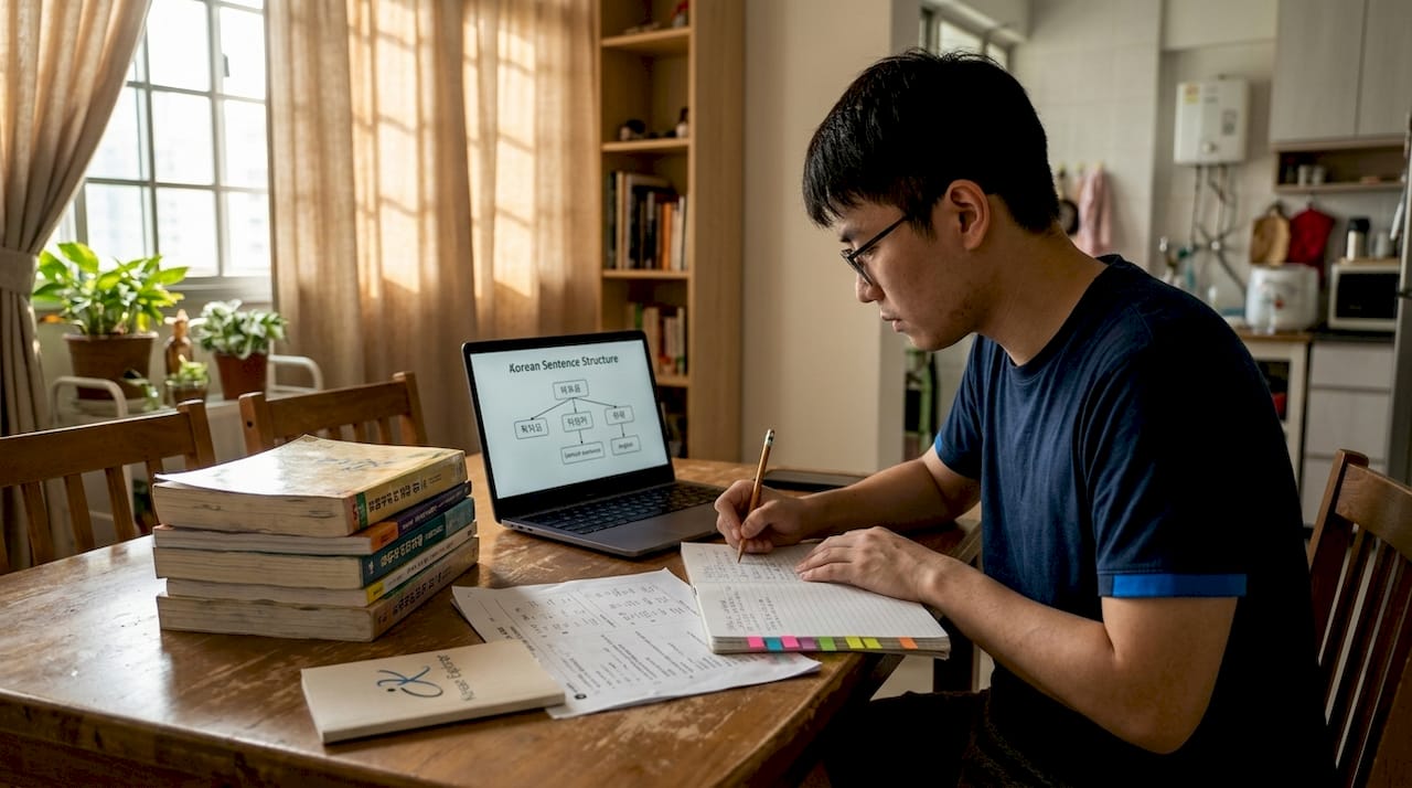 Student practicing Korean grammar at home