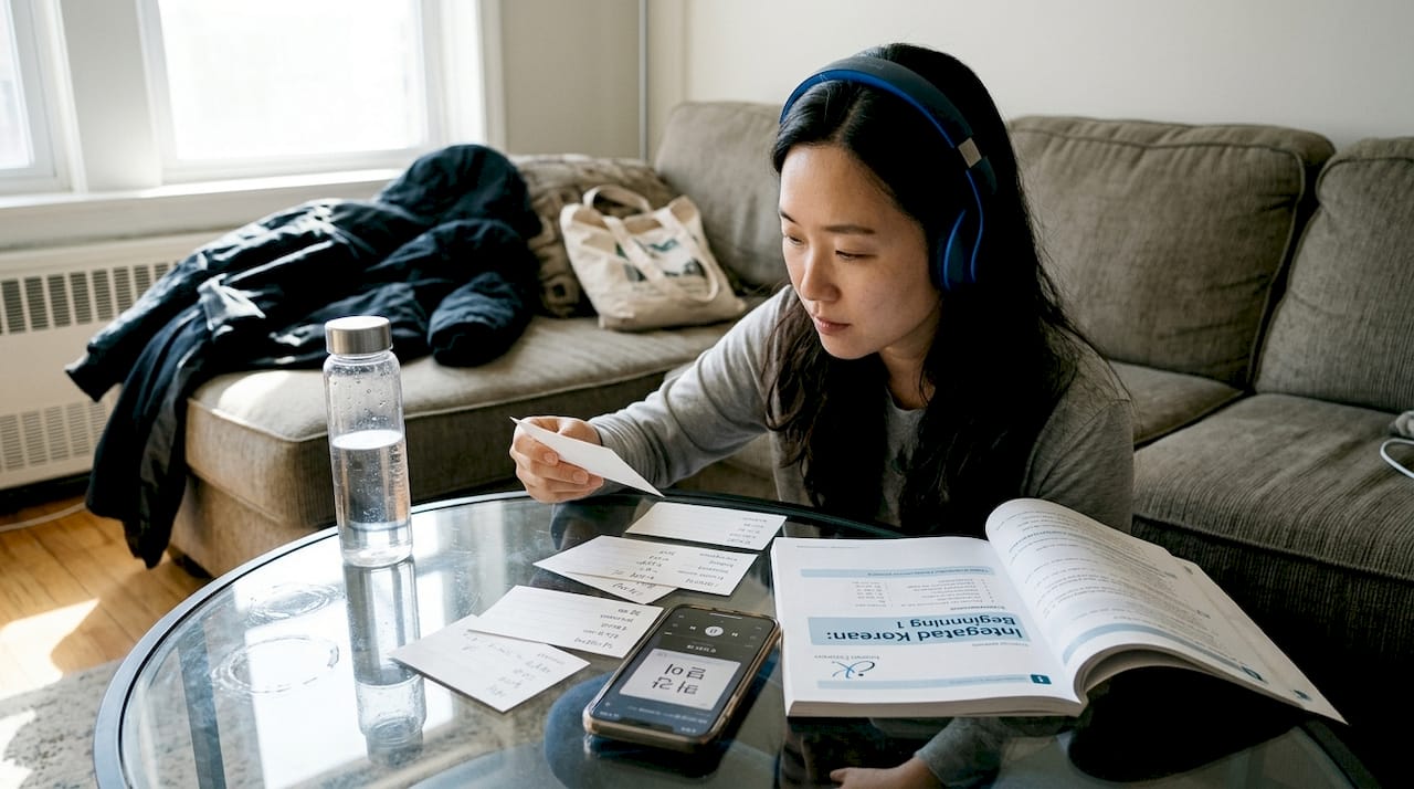Person practicing Korean with flashcards at home