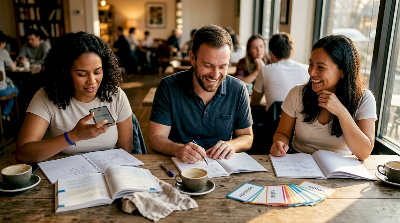 Classmates practicing Spanish at a café table
