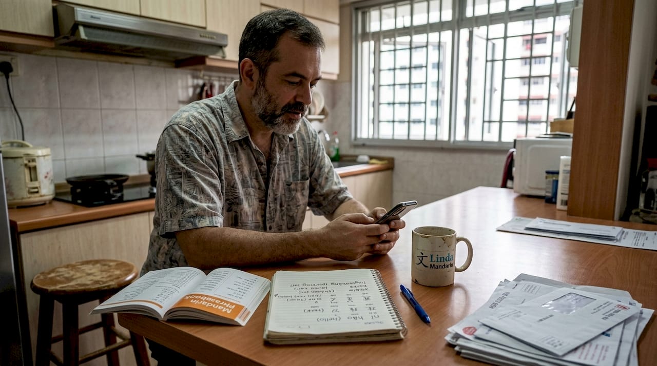 Man practicing Mandarin tones at kitchen counter