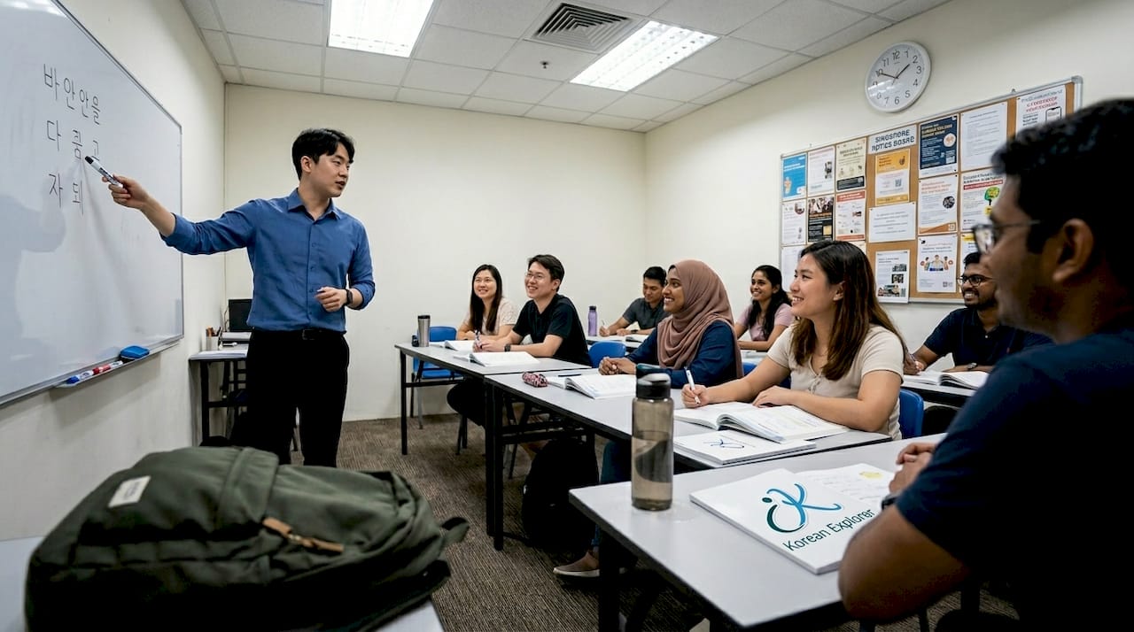 Adults learning Korean in group classroom