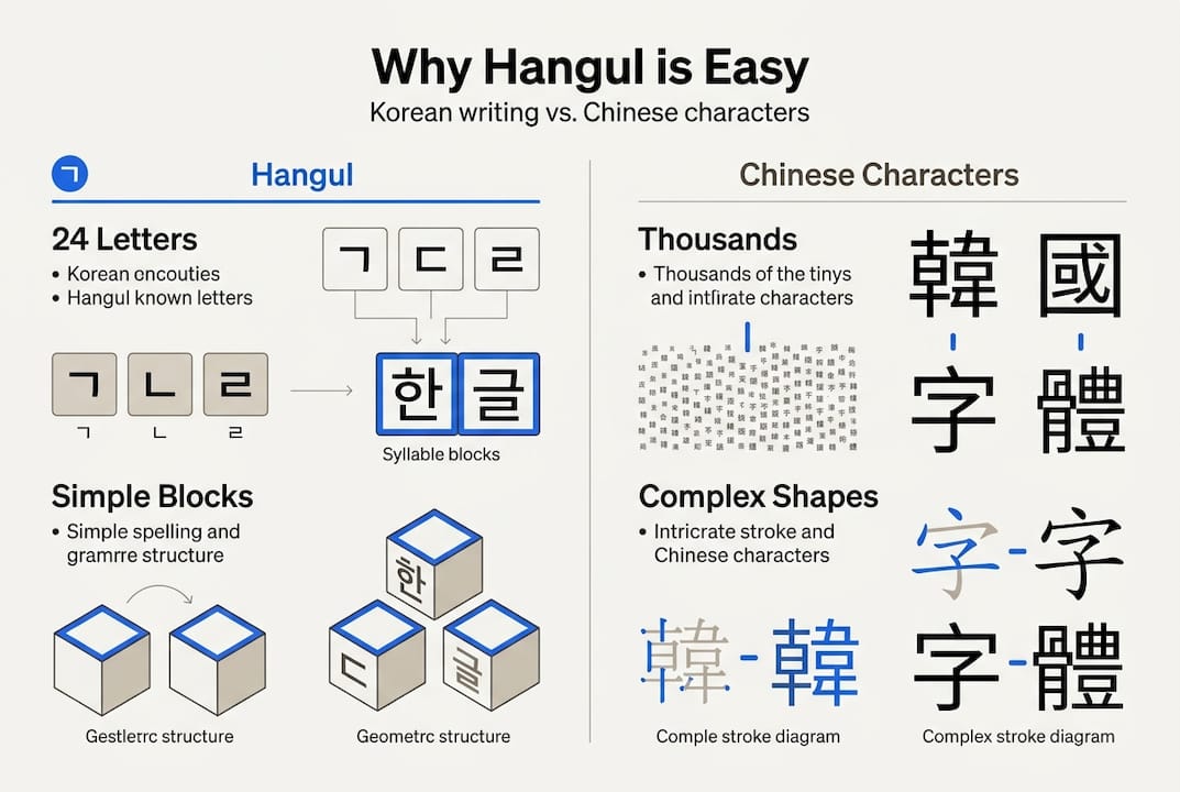 Infographic comparing Hangul and Chinese writing systems