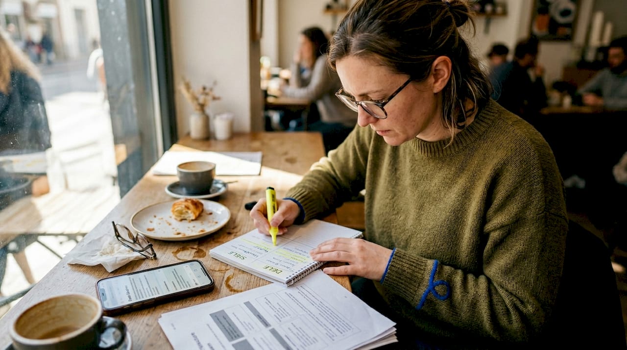 Woman comparing Spanish exams at café table