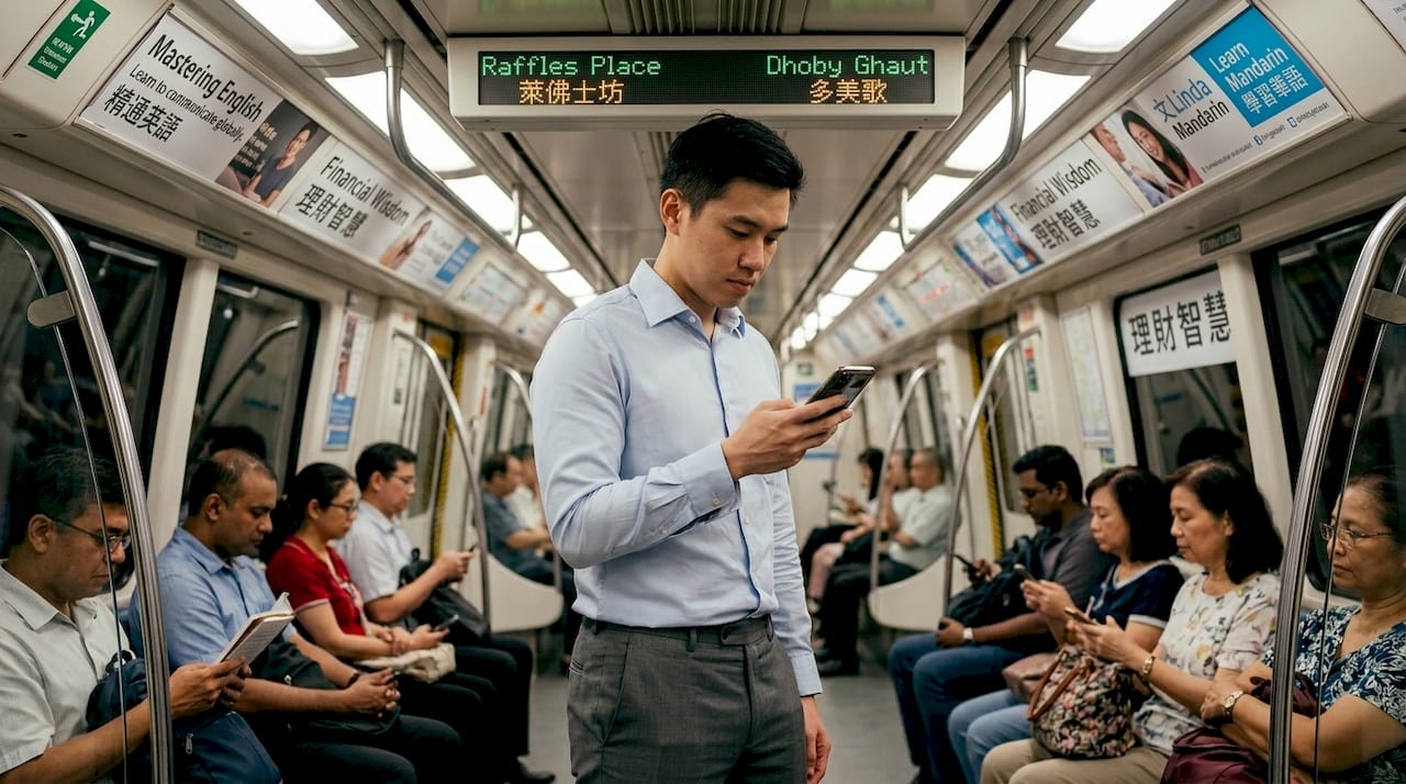 Commuter reviewing Mandarin on MRT train