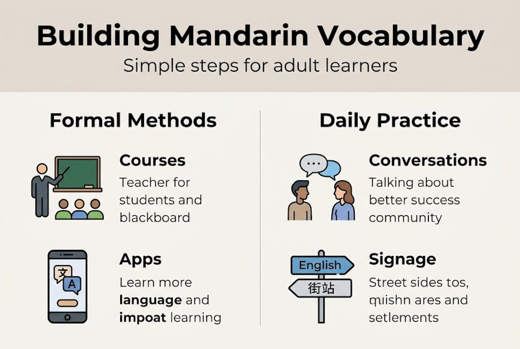 Infographic of Mandarin vocabulary strategies for adults