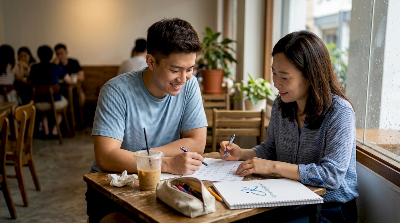 Student and tutor working in neighborhood café