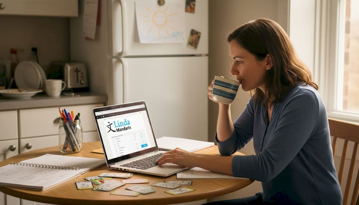Adult reviewing Mandarin resources at kitchen table