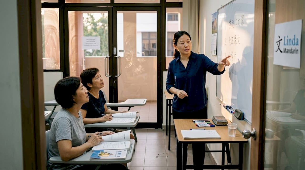 Mandarin teacher guiding adult learners classroom