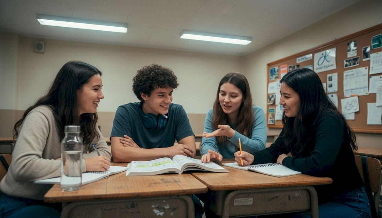 Students discussing Korean grammar in classroom
