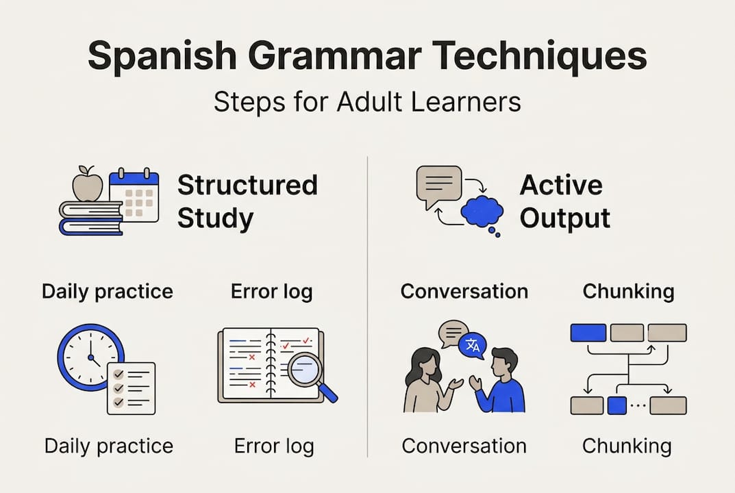 Infographic with Spanish grammar techniques for adults