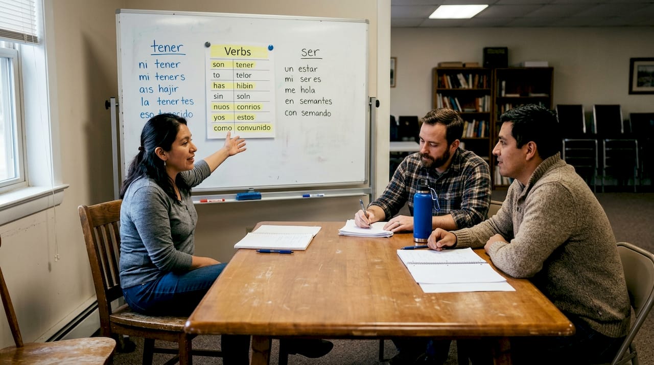 Adults in group Spanish grammar discussion