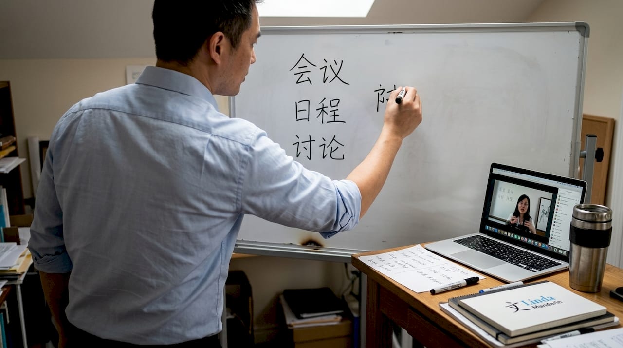 Professional studying business Mandarin at home