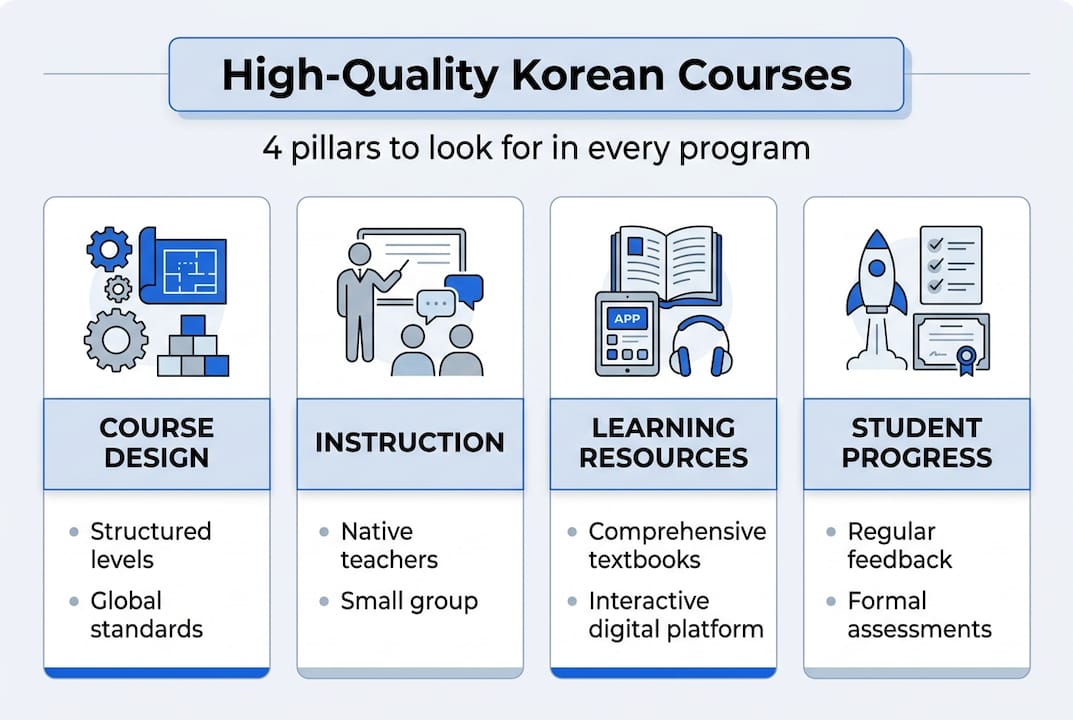 Infographic showing high-quality Korean course pillars