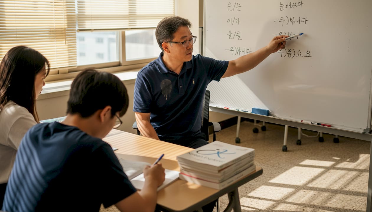 Teacher explains Korean particles on whiteboard