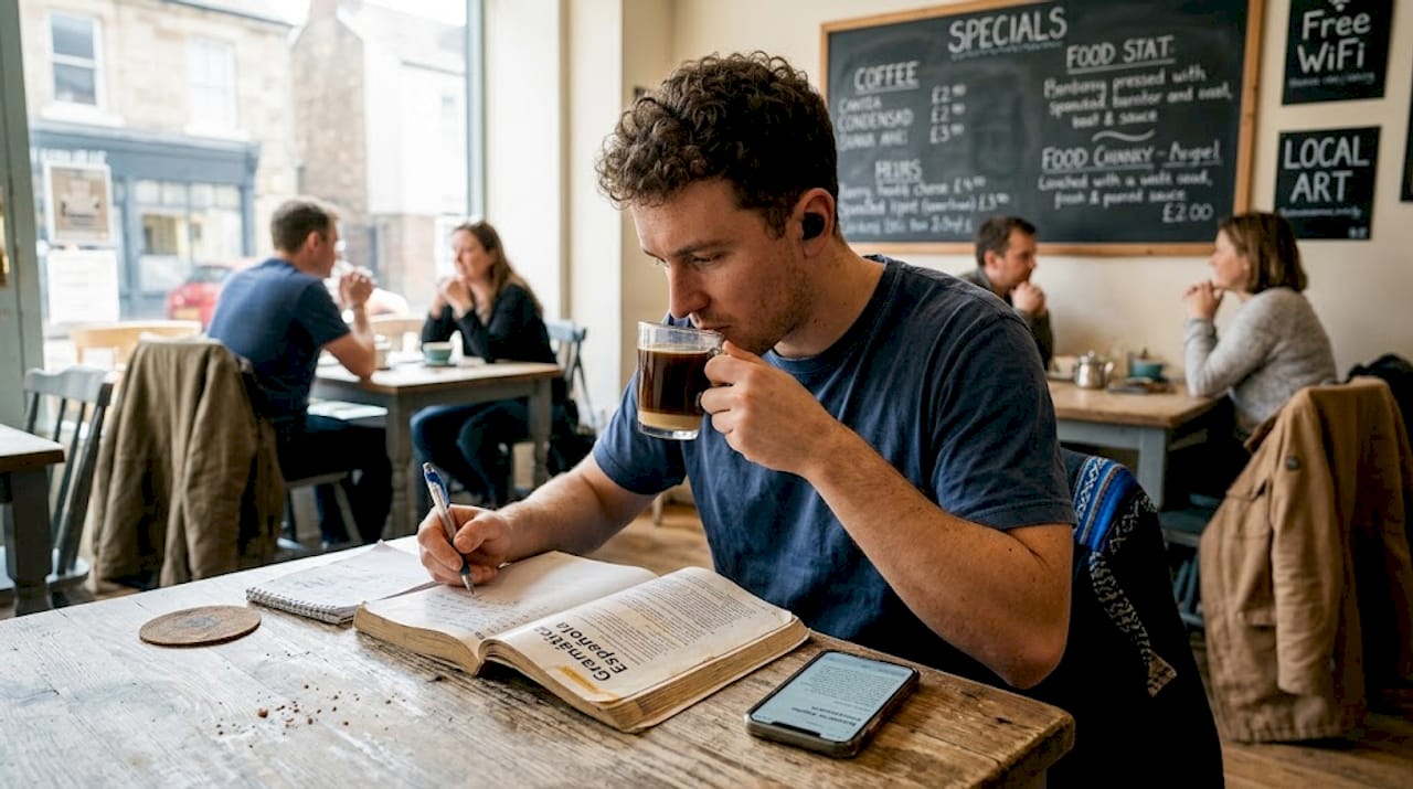 Young man learning Spanish in local cafe