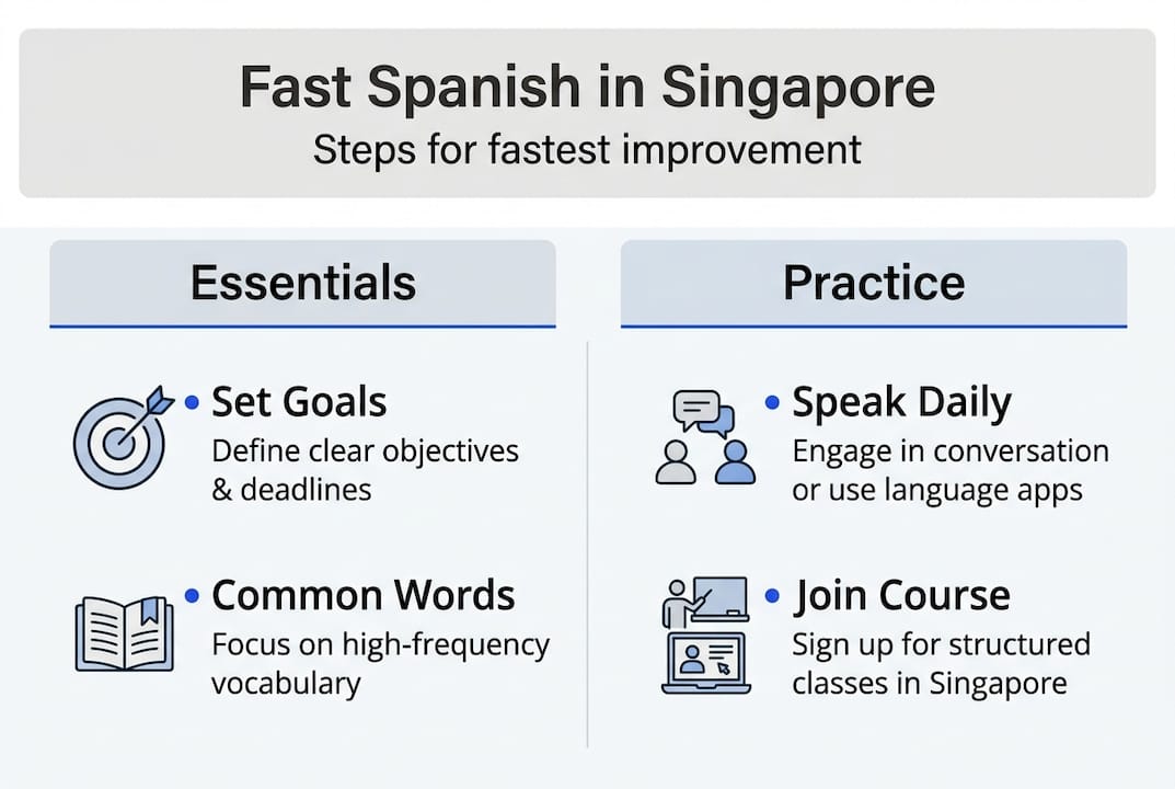 Infographic outlining steps to learn Spanish fast